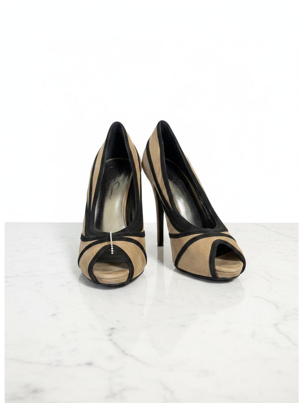 Jessica Simpson Taupe Suede Peep Toe Pumps with Black Trim Size 8B/38